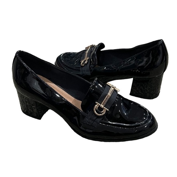 ASOS Black Patent Snaffle Detail Block Heel Loafers Size 7 Women's - Picture 1 of 9